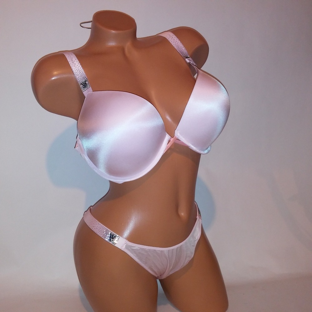 Victoria Secret Bra Set 38D Push Up Bombshell Large Panty Pink Shine Strap New